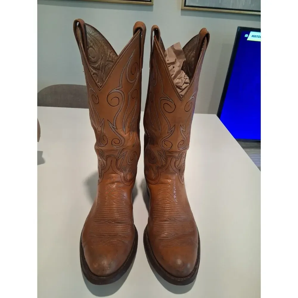 Vintage Dan Post 6865 Men's Brown Leather Cowboy Boots Size 8 D Western Stitch